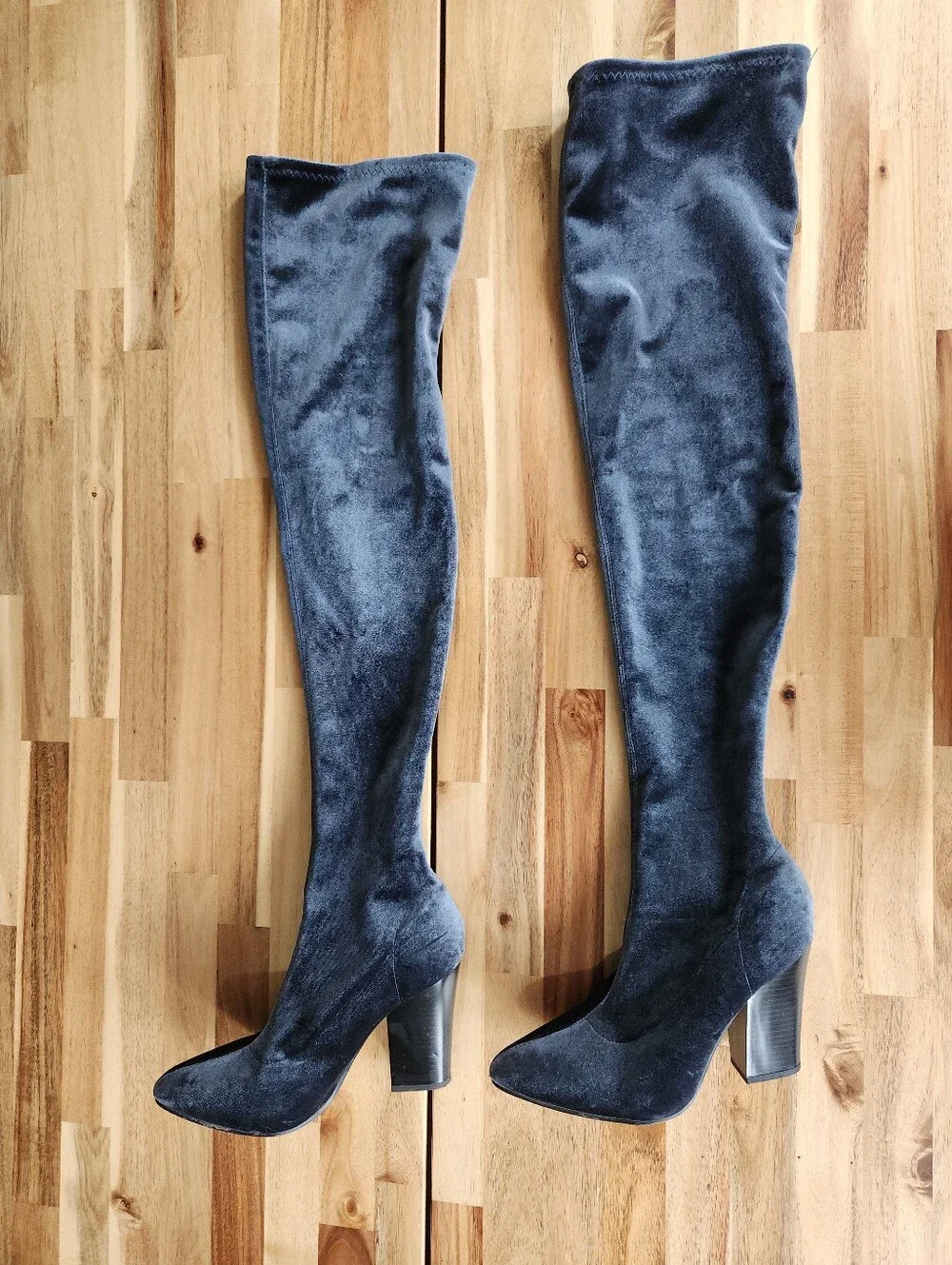 Zara Thigh High Velvet Boot in Blue-Grey